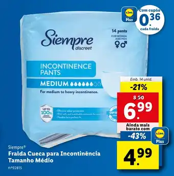 Siempre Fralda Cueca para Incontinência Tamanho Médio Emb. 14 unid.