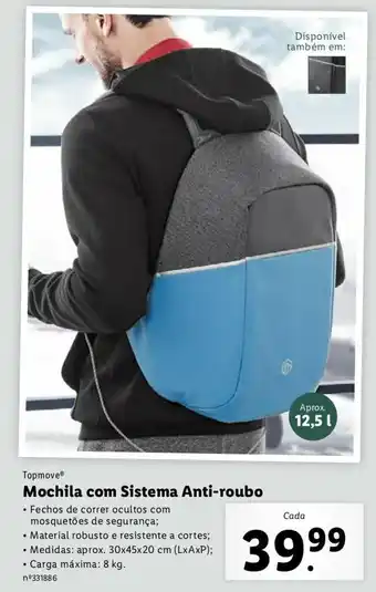 Lidl Topmove Mochila com Sistema Anti-roubo 8kg promoção