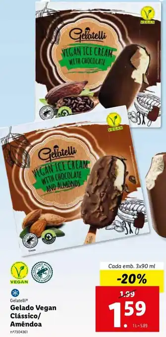 Lidl Gelatelli Gelado Vegan Clássico/Amêndoa 3x90ml promoção