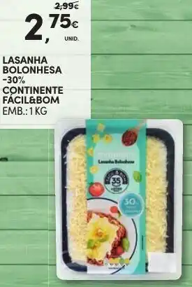 Continente Lasanha Bolonhesa -30% Continente Fácil & Bom 1kg 1kg promoção