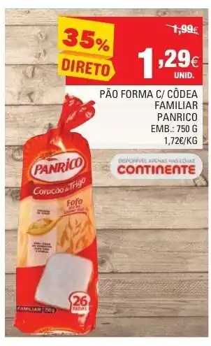 Continente Pão Forma C/ Côdea Familiar Panrico 750g promoção