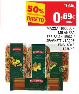 Continente Massa Tricolor Milaneza 500g promoção