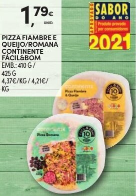 Pizza Fiambre Queijo/Romana Continente Fácil & Bom 410g