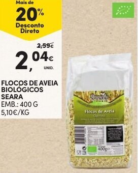 Continente Flocos de Aveia Biológicos Seara 400g promoção
