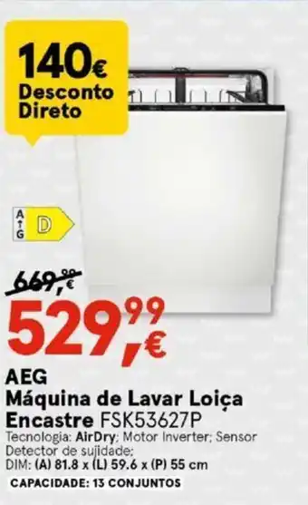 Worten AEG Máquina de Lavar Loiça Encastre 81.8x59.6x55cm promoção