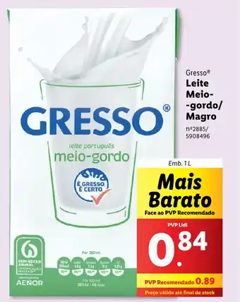 Lidl Gresso Leite Meio- -gordo/ Magro Emb. 1L promoção
