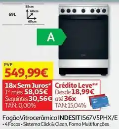 Auchan Indesit - fogão vitrocerâmica is67v5phx/e promoção