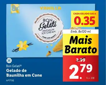 Lidl Bon Gelati Gelado de Baunilha em Cone Emb. 8x120 ml promoção