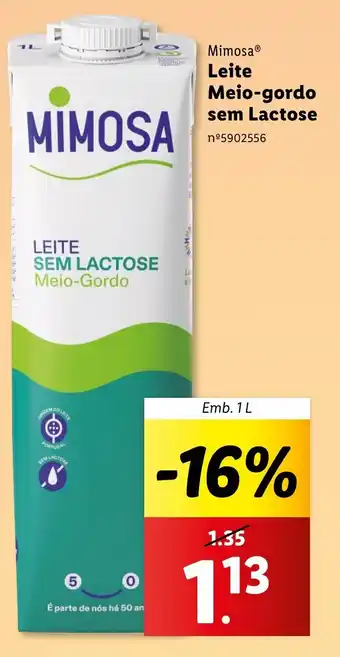 Lidl Mimosa Leite Meio-gordo sem Lactose Emb. 1L promoção