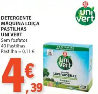 E.Leclerc DETERGENTE MÁQUINA LOIÇA PASTILHAS UNI VERT Sem fosfatos 40 Pastilhas promoção