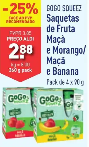 ALDI GOGO SQUEEZ Saquetas de Fruta Maçã e Morango/ Maçã e Banana Pack de 4 x 90 g promoção