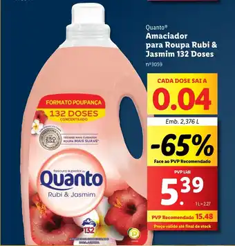 Lidl Quanto Amaciador para Roupa Rubi & Jasmim 132 Doses Emb. 2,376 L promoção