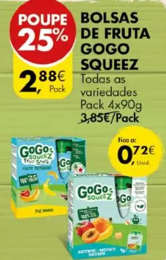 Pingo Doce BOLSAS DE FRUTA GOGO SQUEEZ Pack 4x90g promoção