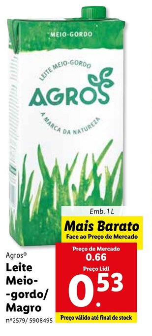 Lidl Agros Leite Meio-gordo/Magro 1L promoção