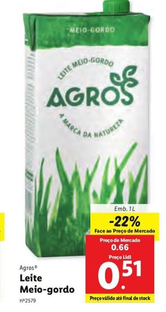 Lidl Agros Leite Meio-Gordo 1L promoção