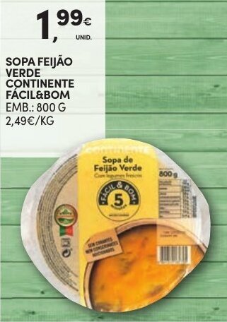 Continente Sopa Feijão Verde Continente Fácil & Bom 800g promoção