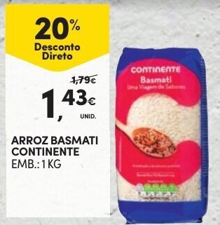Continente Arroz Basmati Continente 1kg promoção