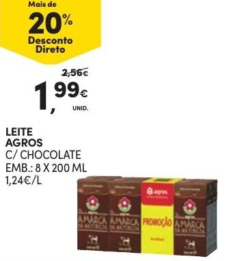 Continente Leite Agros c/Chocolate 8x200ml promoção