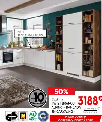 Cozinha Twist Branco Alpino+Bancada em Carvalho
