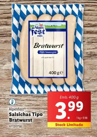 Lidl Alpenfest Salsichas tipo Bratwurst Emb. 400 g promoção