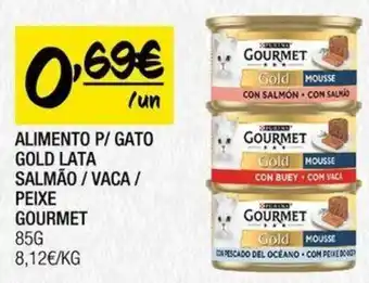Spar ALIMENTO P/GATO GOLD LATA SALMÃO/VACA / PEIXE GOURMET 85G promoção