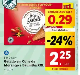 Lidl Bon Gelati Gelado em Cone de Morango e Baunilha XXL Emb. 8x120 ml promoção
