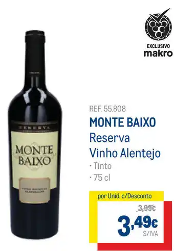 Makro Monte Baixo Reserva Vinho Alentejo 75cl promoção