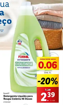 Lidl Formil Detergente Líquido para Roupa Colónia 46 Doses Emb. 3 L promoção