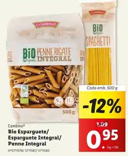 Lidl Combino Bio Esparguete/ Esparguete Integral/ Penne Integral Cada emb. 500 g promoção