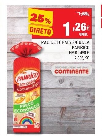 Continente Pão de Forma S/ Côdea Panrico 450g promoção