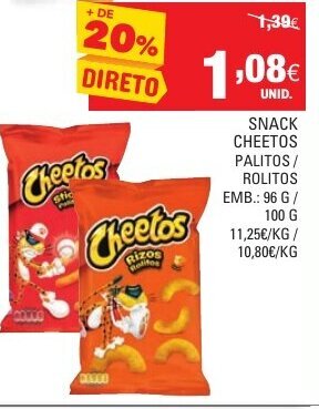 Continente Snack Cheetos Palitos/ Rolitos 96g/100g promoção