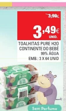 Toalhitas Pure H20 Continente do Bebé 99% Água