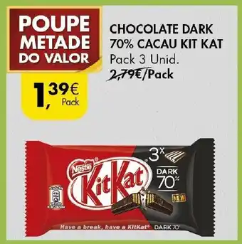 Pingo Doce Chocolate Dark 70% Cacau Kit Kat 3 Unid promoção