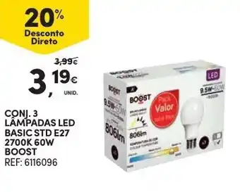 Continente Conj. 3 Lâmpadas Led Basic STD E27 2700K 60W Boost promoção
