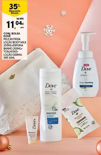 Continente Conj. Bolsa Dove Pele Nutrida Loção Body Milk 250ml+Espuma Banho 200ml+Toalhitas+Loção Derma Spa 10ml promoção