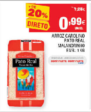 Continente Arroz Carolino Pato Real 1kg promoção