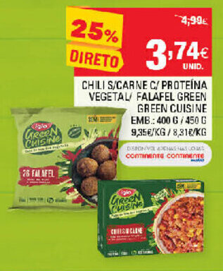 Continente Chili S/Carne C/ Proteína Vegetal/ Falafel Green Cuisine 400g/450g promoção