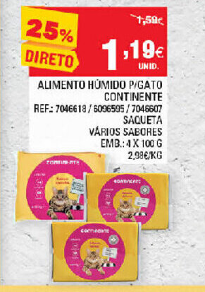 Continente Alimento Húmido P/Gato Continente 4x100g promoção