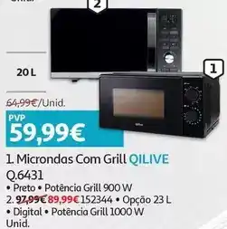 Auchan Qilive - micro-ondas c/grill :preto q.6431 20l - potencia grill 900w promoção