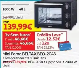 Auchan Beltax - mini forno : beo-2048 48l 1800w - temporizador até 60 minutos promoção