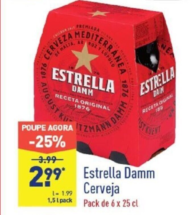 Promoção Estrella Damm Cerveja Pack 6x25cl em ALDI