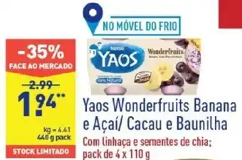 ALDI Yaos Wonderfruits Banana e Açaí/ Cacau e Baunilha 440g promoção