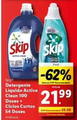 Lidl Skip Detergente Líquido Active Clean 100 Doses + Ciclos Curtos 54 Doses promoção