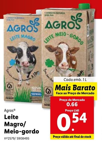 Lidl Agros Leite Magro/Meio-gordo 1L promoção