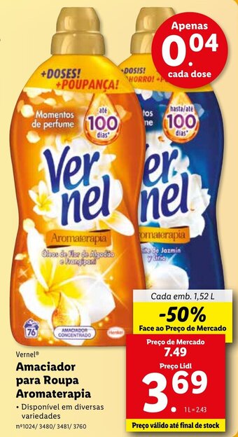 Lidl Vernel Amaciador para Roupa Aromaterapia 1,52L promoção