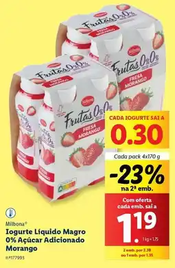 Lidl Milbona - iogurte liquido magro 0% acúcar adicionado morango promoção