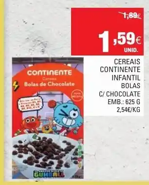 Continente Cereais Continente Infantil Bolas C/Chocolate 625g promoção