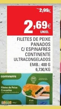 Continente Filetes de Peixe Panados C/Espinafres Continente 400g promoção