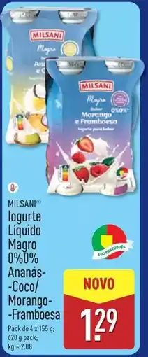 ALDI Milsani - iogurte liquido magro 0%0% ananas-coco/ morango-frambese promoção