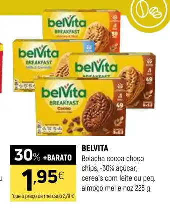 Coviran BELVITA Bolacha cocoa choco chips, -30% açúcar, cereais com leite ou peq. almoço mel e noz promoção